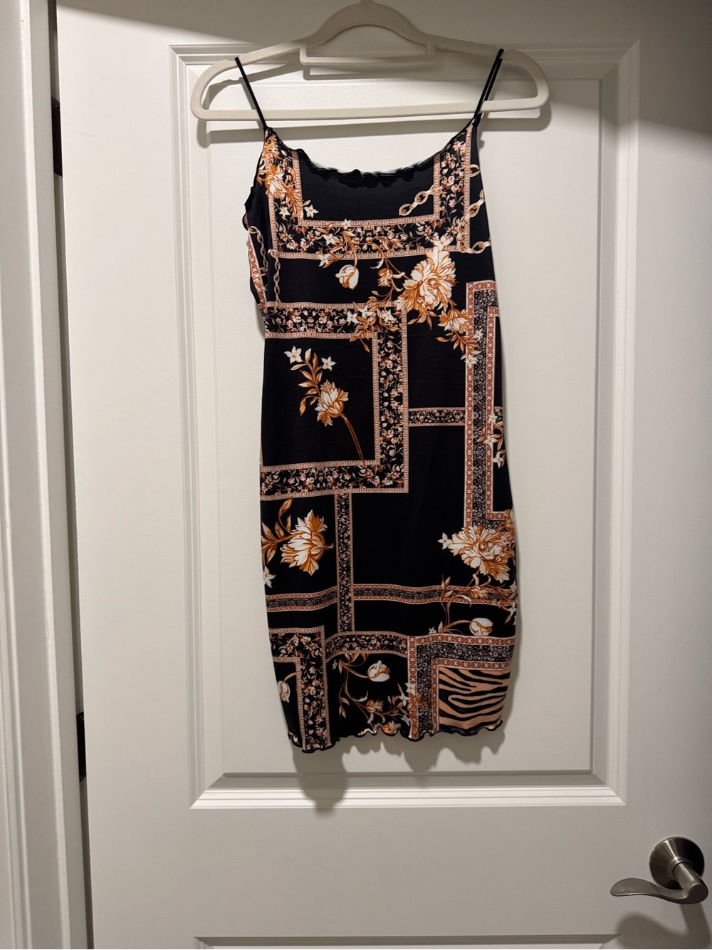 Floral Block Print Slip Dress in Black and Tan size small